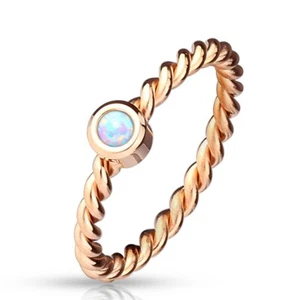 Stainless Steel Lab-Created Opal Rope Band Rose Gold Plated Twist Wedding Ring - Picture 1 of 1