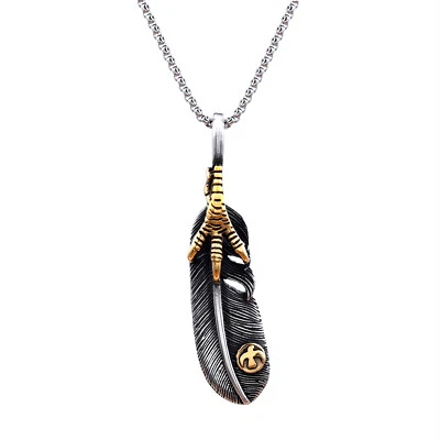 Mens Eagle Claw Necklace Gold Angel Feather Pendant Stainless Steel Chain - Image 1 of 4