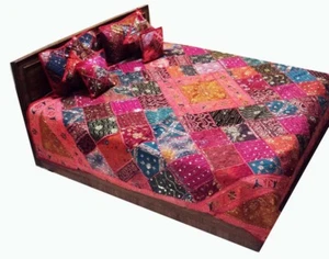 33% OFF 7 PC VINTAGE SARI BEAD THROW BEDSPREAD COVERLET DUVET QUILT BLANKET KING - Picture 1 of 14
