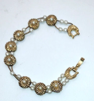 Pulsera de perlas deslizables tono dorado flores margaritas imitación perlas centros cadena deslizable 7" Foto 1 de 4