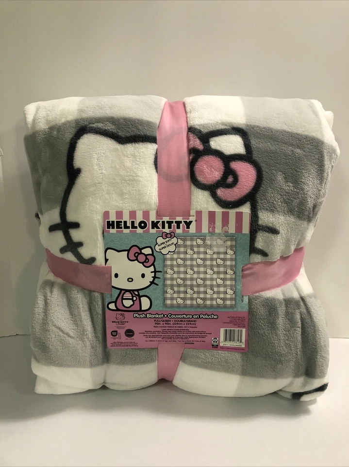 Hello Kitty Plush Blanket Queen Full 90x90 Grey Checkered Pink Bow Sanrio