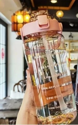 Large 64oz Water Bottle w Straw Gym Training Fitness Jug Motivational Time track - Image 1 of 4