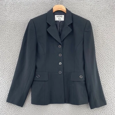 Kasper Blazer Womens 4 Petite Black Button Front Notch Lapel Office Career Work - Image 1 of 4