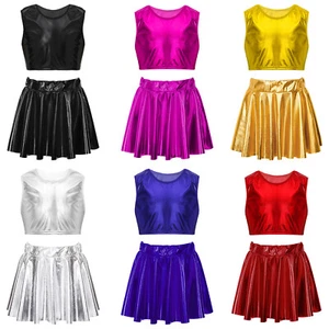 Girls Metallic Shiny Crop Top + Mini Skirt Two Piece Dance Outfit Jazz Dancewear - Picture 1 of 75