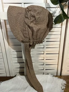 Primitive Prairie Child Bonnet Tea Stain Cotton Medium Brown Print - Picture 1 of 1