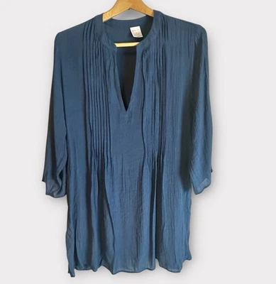 Merona Womens Blouse Top 3/4 Sleeve Pleated V Neck Dark Blue Lightweight Size M - Image 1 of 4