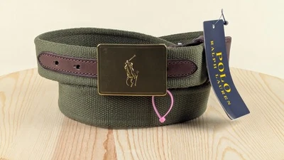 Cinturón de lona Polo Ralph Lauren para hombre 34 verde Big Pony hebilla detalles de cuero nuevo Foto 1 de 4
