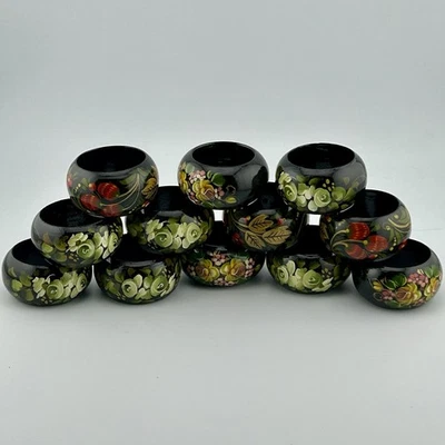 12 servilleteros de madera rusos pintados a mano Khokhloma y Zhostovo bayas florales Foto 1 de 4