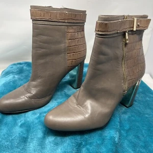 Ann Taylor Sam Side Zip Taupe Latte Leather Croc Embossed Ankle Bootie Heels 10M - Picture 1 of 18