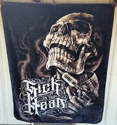 SKULL SICK IN THE HEAD TATTOO SKELETON QUEEN SIZE BLANKET - Image 1 of 2