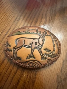 2 mens belt buckles leather brown engraved with buck and raccoon - Picture 1 of 9