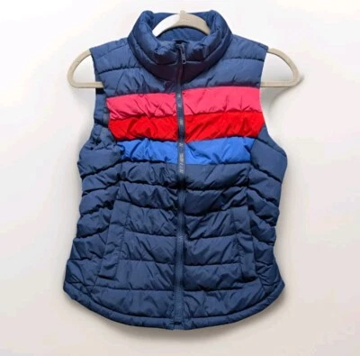 Chaleco acolchado Gap Puffer para mujer talla XS cremallera completa azul rosa rojo rayas arco iris Foto 1 de 4