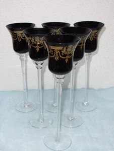 6 copas de vino de tallo alto - negro - rojo rubí con decoración dorada - soplado a mano - Imagen 1 de 9