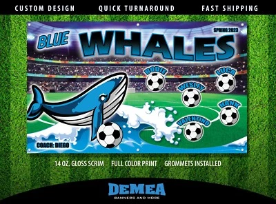 Ballenas Azules - Banner de Equipo de Fútbol - (3 pies x 5 pies) Nombre de Tu Equipo y Diseño Personalizado Foto 1 de 3