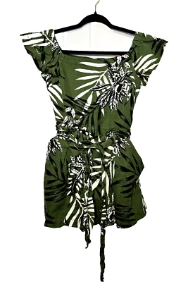 Women's Guess Size 2 Dark Green Tropical Floral Romper Off The Shoulder Cotton - Image 1 of 4