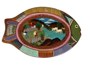 Vintage mexikanische Volkskunst Keramik Fisch Teller roter Ton handbemalt 14" x 9" - Bild 1 von 9