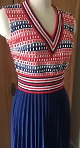 VINTAGE Red-White-Navy V Neck Maxi 2pc. Dress Ribbed, Textured, Pleated Size S/6 - Picture 1 of 12