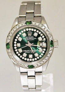 Rolex Lady Datejust Oyster Stainless Steel Diamond Dial Emerald Bezel Watch - Picture 1 of 8