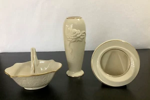Lot 3 VTG Lenox San Souci Candy Basket, Rose Blossom Vase & Round Picture Frame - Picture 1 of 14