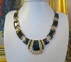 Beautiful Vintage Black & Enamel Goldtone Panel Necklace (419)