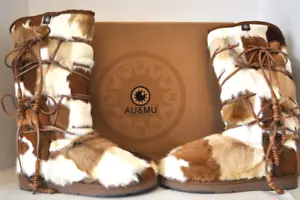 AU&MU AUMU Suede Fur Shearling Sheepskin Snow Boots Tall Wmn’s Size 9 - Picture 1 of 5