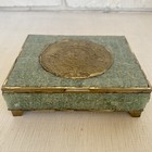 Box Vintage Green Stone Inlayed Aztec Calendar Mexico Mendoza Style Brass ***