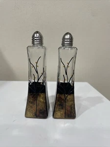 HAND PAINTED Gold And Black WITH TREES SALT & PEPPER SET SIGNED (AF) - Picture 1 of 9