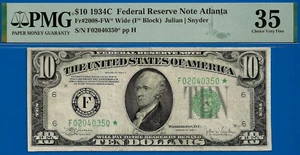 1934C $10 Federal Reserve Note PMG 35 Atlanta Star Fr 2008-FW - Picture 1 of 3