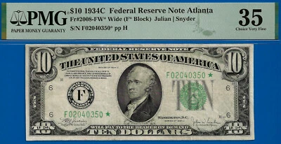 1934C $10 Federal Reserve Note PMG 35 Atlanta Star Fr 2008-FW - Image 1 of 3