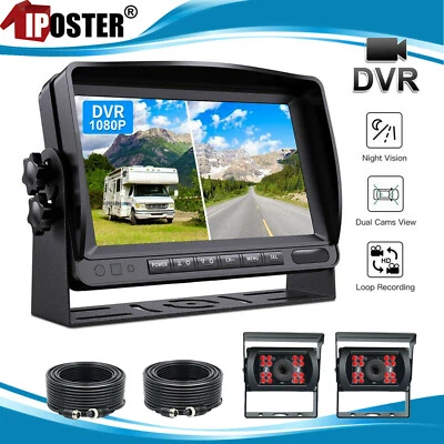 7" Split Monitor Dual Rear View Backup Camera DVR System For Semi Box Truck RV - Image 1 of 4
