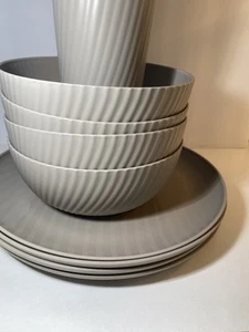 12 Piece MAINSTAYS Plastic Swirl Dishes Tumblers, Plates, and Bowls Taupe Color - Picture 1 of 7