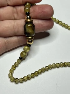Vintage Artisan Glass Bead Necklace Green Brown Black Gold Tone 24” - Picture 1 of 7