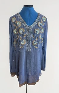 soft surroundings Sheer Boho Beaded Sequin Tunic Top Women’s Size L - Picture 1 of 15