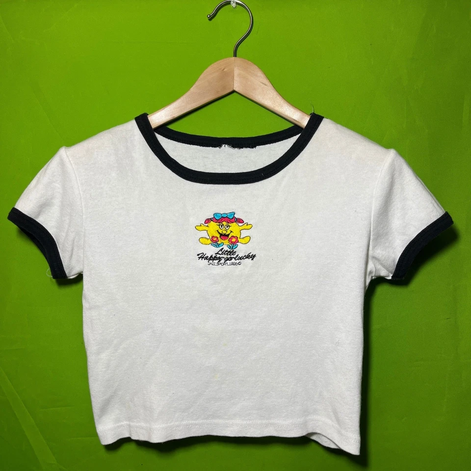 Medium 1995 VTG Womens Cropped Shirt Little Happy Go Lucky Ringer Tee Top White - Image 1 of 4
