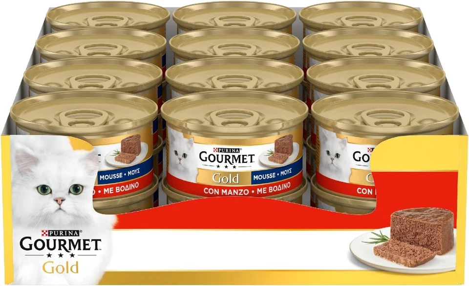 Purina Gold Mousse Cibo Umido per Gatti Con Manzo 24 Lattine Da 85G