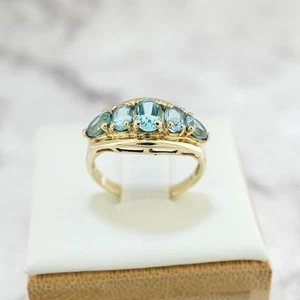 Solid 10K Yellow Gold Wide Blue Five 5 Oval & Pear Cut Topaz Band Ring Size 5.25 - Picture 1 of 12
