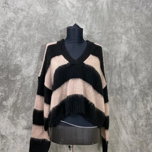 Allsaints Lou Brushed Striped Crop Sweater women’s S fuzzy v neck mkt. Distress - Picture 1 of 12
