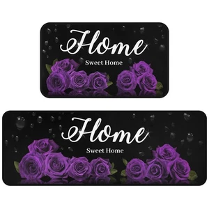 Purple Floral Kitchen Mat Set of 2, Purple and Black Kitchen Rugs Non-Skid Wa... - Bild 1 von 7