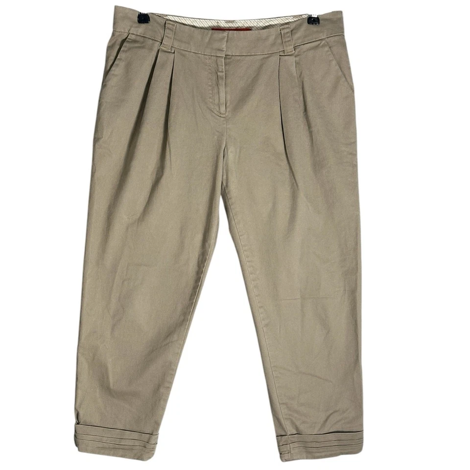 Cartonnier Sz 4 Crop Cuffed Pleated Chinos Khaki Stretchy Trouser Neutral Anthro - Image 1 of 4