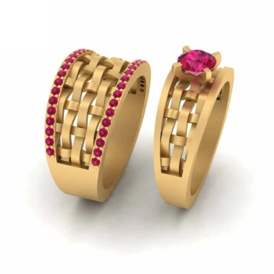 Created Pink Ruby Matching Couple Wedding Rings His and Hers Promise Ring Set  - Image 1 of 4
