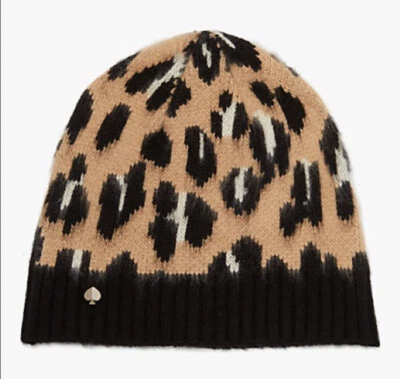 KATE SPADE LEOPARD PRINT WOOL BLEND BEANIE BLACK TAN CREAM OS NWOT - Image 1 of 4