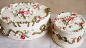 2 Vint Dezine Hand Painted Trinket Boxes, Victorian Style, Ribbons, Bows, Flower - Picture 1 of 15