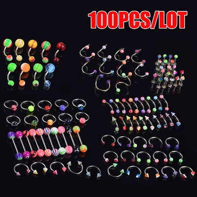 100PCS Mix Ear Nose Belly Lip Ring Tragus Cartilage Studs Piercing Kit 14G 16G - Image 1 of 4
