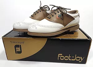 New FOOTJOY GREENJOYS Golf Shoes Womens 6.5 M Brown White Saddle Wingtip Cleats - Picture 1 of 12