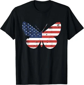 Graceful Butterfly Shaped American Flag July 4th Artwork T-Shirt Hoodie - Picture 1 of 10