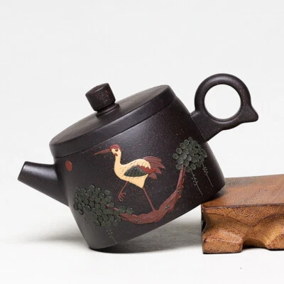 Real Yixing Zisha Black Clay Tea Pot Crane Relief Carved Handmade Tea Pot - Image 1 of 4
