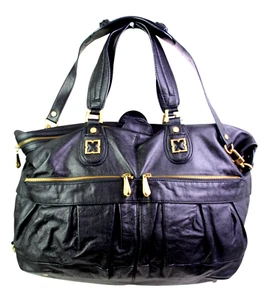X-Large BCBGMAXAZRIA BLACK GENUINE LEATHER ZIP POCKETS TOTE SHOULDER BAG HANDBAG - Picture 1 of 14