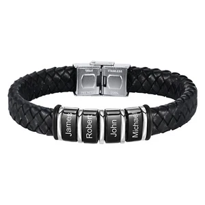 Personalised Men Leather Bracelet Custom Beads Family Name Christmas Gift Dad - Picture 1 of 28