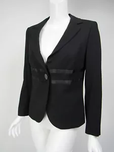 ESCADA Black Wool Crepe Pleated Inset Satin Band Single Button Blazer D 38 US 8 - Picture 1 of 4