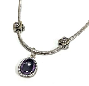 18” Pandora Snake Chain Necklace w/ Amethyst CZ Pendant & 2 Charms 925 SS 41.9g - Picture 1 of 12